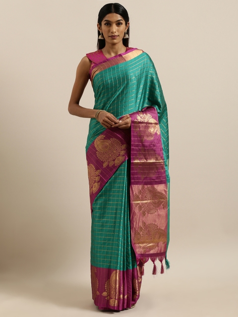 

SHAVYA Teal Green & Gold-Toned Pure Silk Checked Banarasi Saree