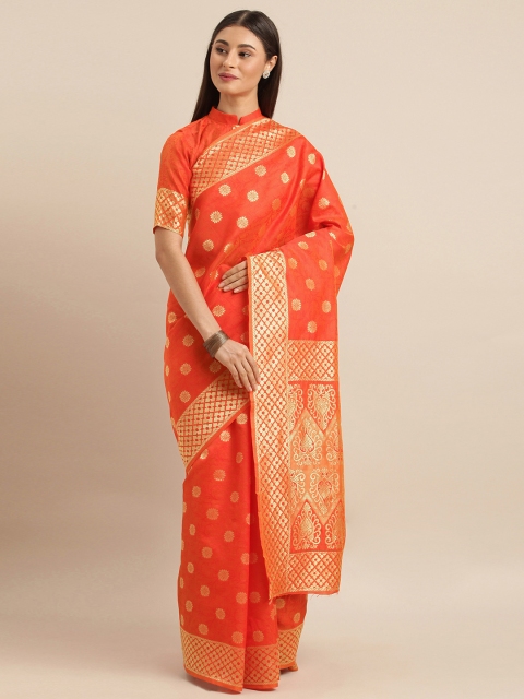 

SHAVYA Orange & Gold-Toned Pure Silk Woven Design Banarasi Saree