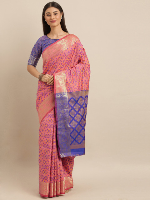 

SHAVYA Pink & Blue Pure Silk Woven Design Patola Saree