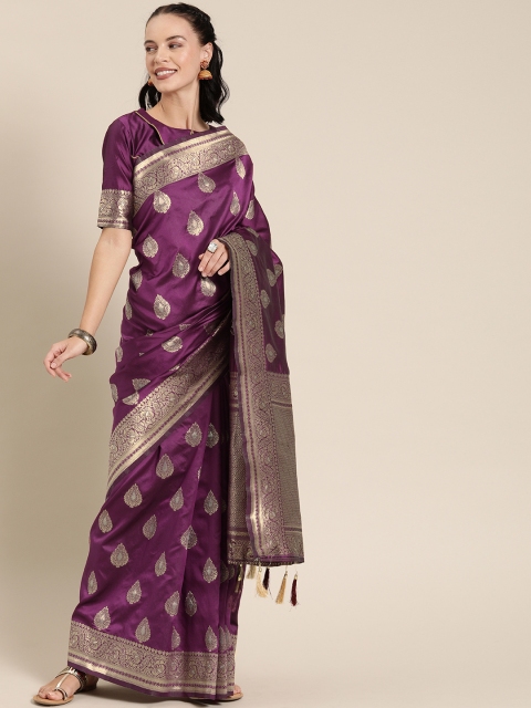 

SHAVYA Purple & Gold-Toned Pure Silk Woven Design Banarasi Saree