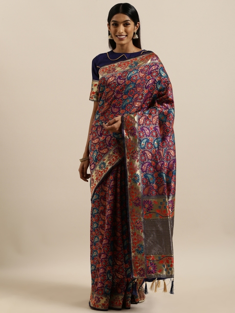 

SHAVYA Blue & Red Pure Silk Woven Design Banarasi Saree