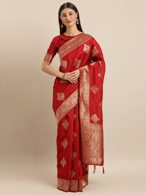 

SHAVYA Red & Gold-Toned Pure Silk Woven Design Banarasi Saree