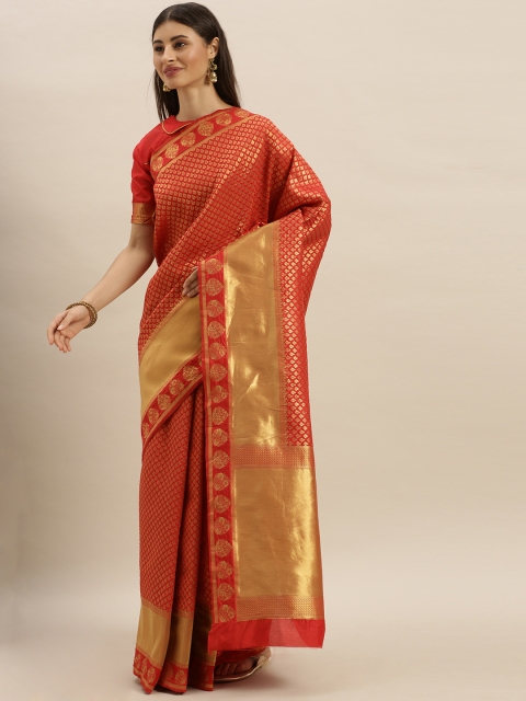 

SHAVYA Red & Gold-Toned Pure Silk Woven Design Banarasi Saree