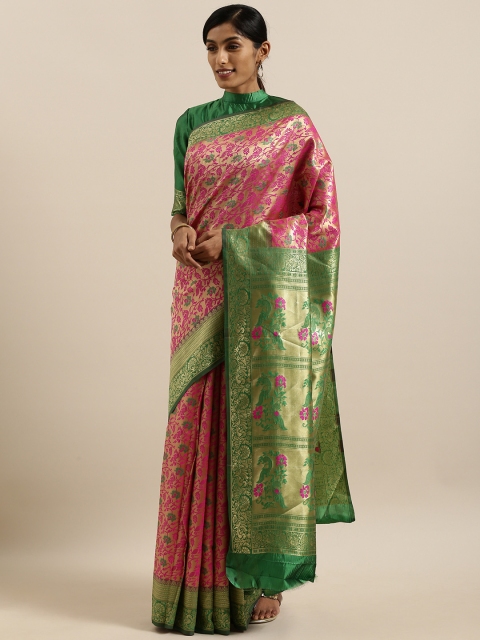 

SHAVYA Pink & Gold-Toned Pure Silk Woven Design Banarasi Saree