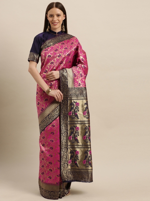 

SHAVYA Pink & Navy Blue Pure Silk Woven Design Banarasi Saree