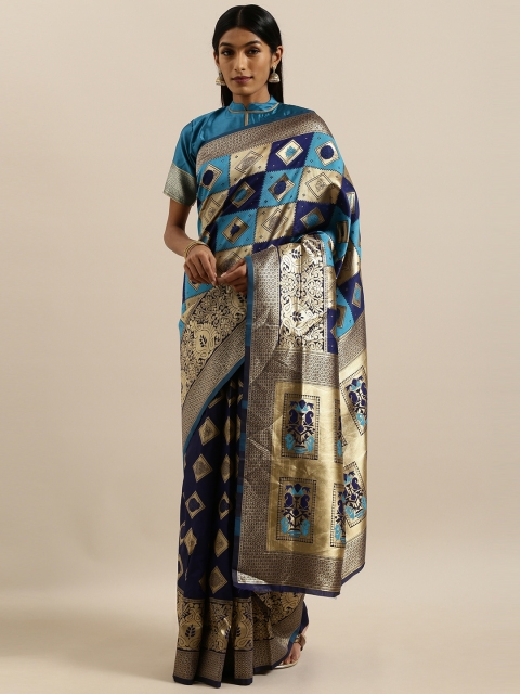 Blue & Gold-Toned Pure Silk Woven Design Checked Banarasi Saree