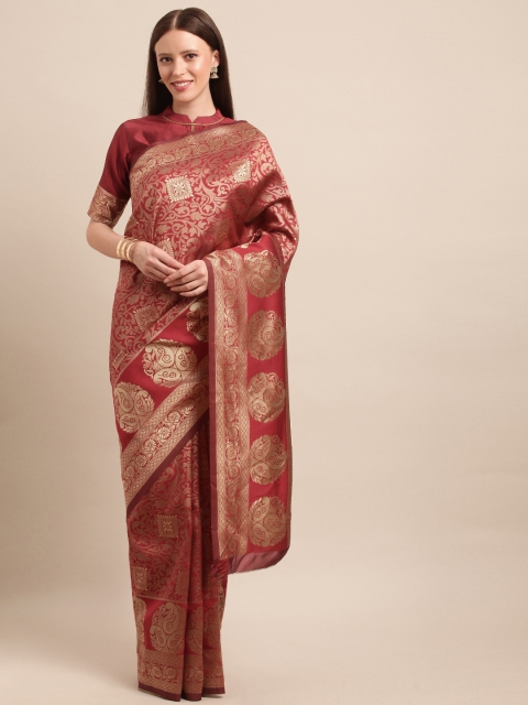 Maroon & Gold-Toned Pure Silk Woven Design Banarasi Saree