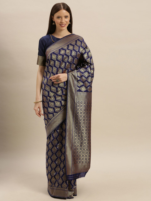 

SHAVYA Navy Blue & Gold-Coloured Pure Silk Woven Design Banarasi Saree