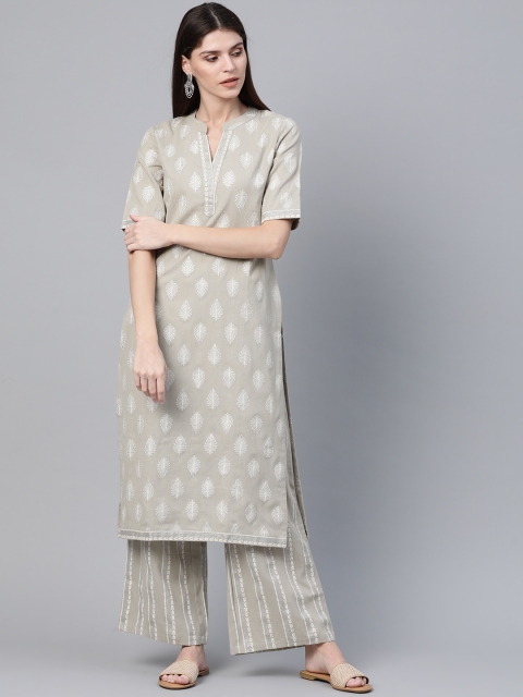 

AKS Women Grey & White Khari Print Kurta with Palazzos