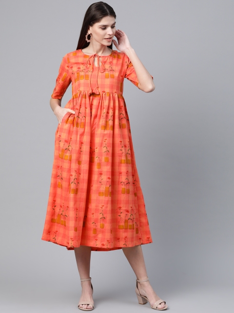 

AKS Women Peach-Coloured Checked with Conversational Printed A-Line Dress