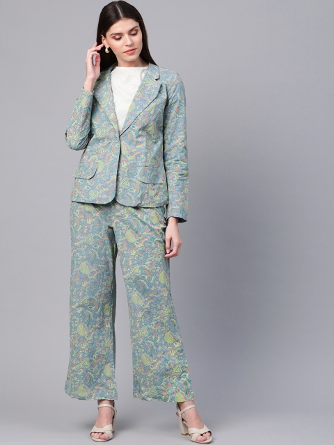 

AKS Women Blue & Yellow Khari Print Blazer with Trousers