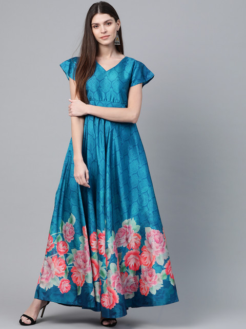 

AKS Women Blue & Pink Floral Digital Printed Maxi Dress