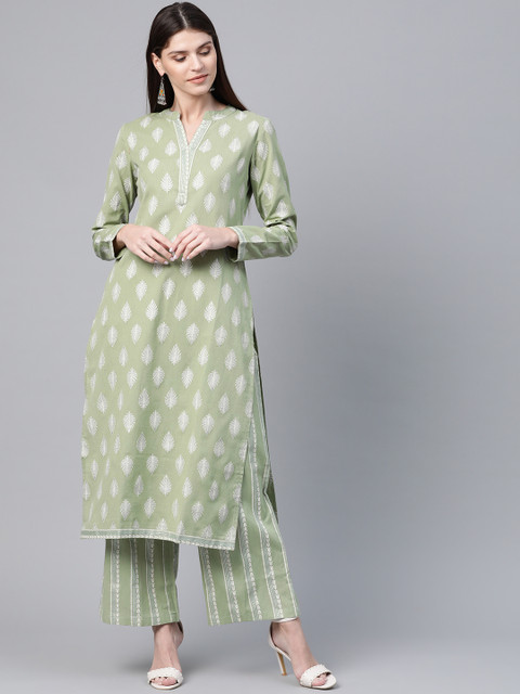 

AKS Women Green & White Khari Ethnic Printed Kurta with Palazzos