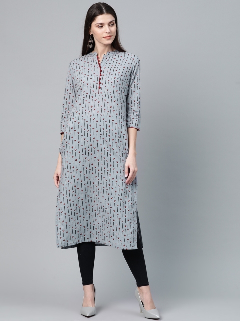 

AKS Women Grey & Maroon Printed Straight Kurta