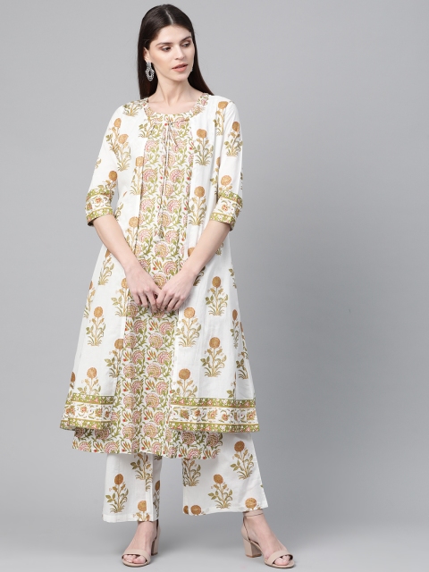

AKS Women White & Olive Green Foil Printed Kurta with Palazzos & Ethnic Jacket