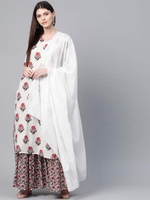 

AKS Women Off-White & Pink Printed Kurta with Skirt & Dupatta