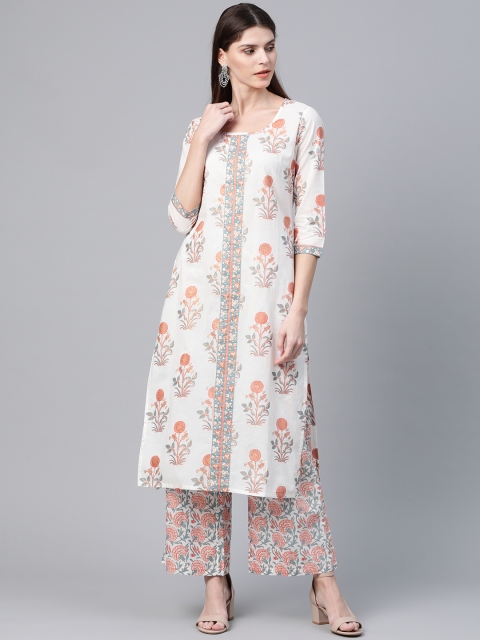 

AKS Women White & Pink Floral Foil Print Kurta with Palazzos