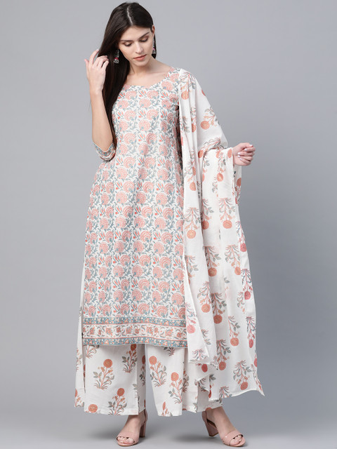 

AKS Women White & Pink Floral Foil Print Kurta with Palazzos & Dupatta