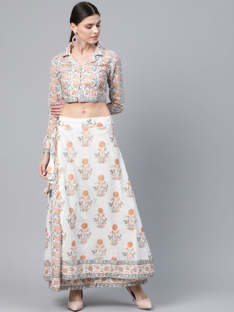 

AKS Women Off-White & Peach-Coloured Khari Print Crop Shirt with Skirt