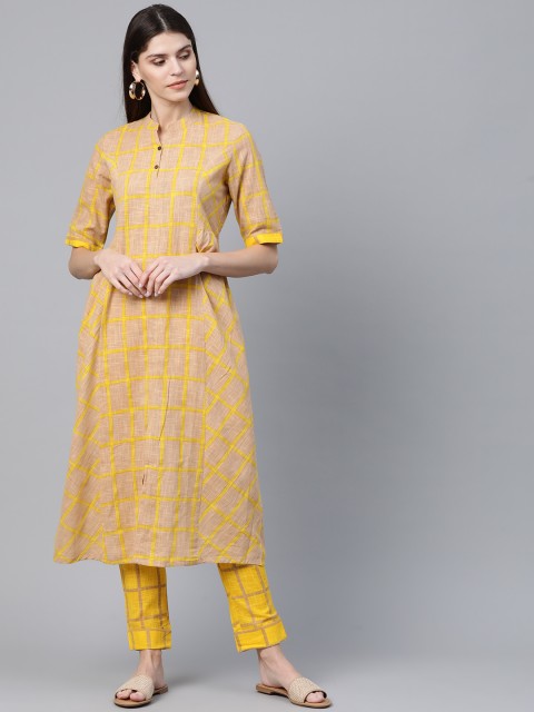 

AKS Women Beige & Mustard Yellow & Beige Checked Kurta with Trousers