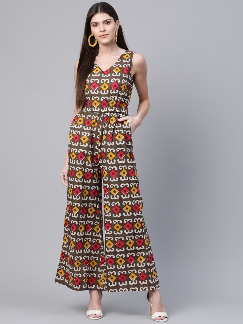 

AKS Women Olive Brown & Red Printed Basic Jumpsuit