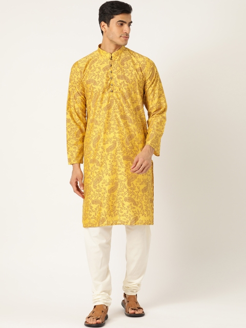 

SOJANYA Men Mustard Yellow & Brown Printed Kurta with Churidar