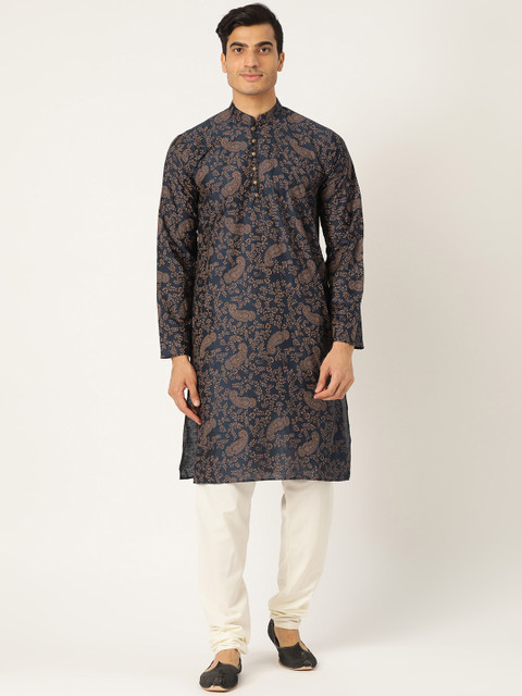 

SOJANYA Men Navy Blue & Off-White Paisley Print Kurta with Churidar