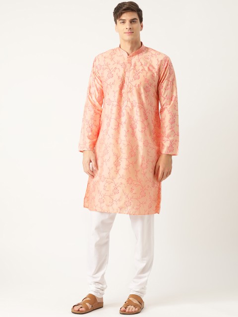 

SOJANYA Men Peach-Coloured & White Printed Kurta with Churidar