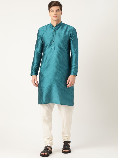 

SOJANYA Men Teal Blue & Off-White Woven Design Kurta with Churidar