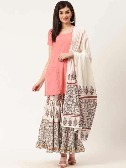 

Moda Rapido Women Pink & Off-White Mirror Work Kurta with Sharara & Dupatta