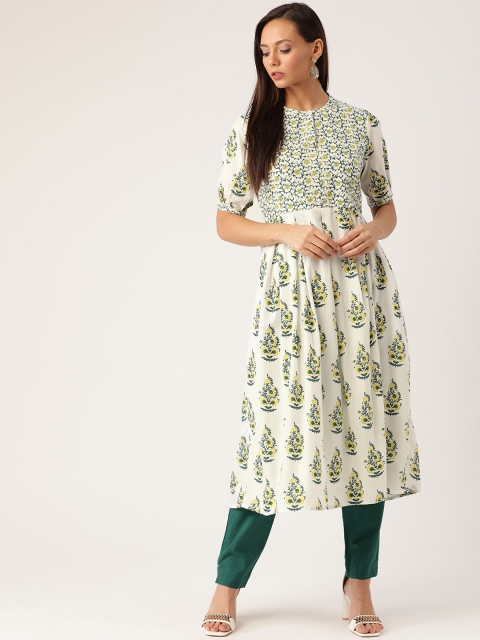 

Moda Rapido Women White & Yellow Printed A-Line Kurta