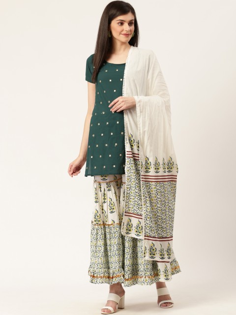 

Moda Rapido Women Green & Off-White Mirror Work Kurta with Sharara & Dupatta