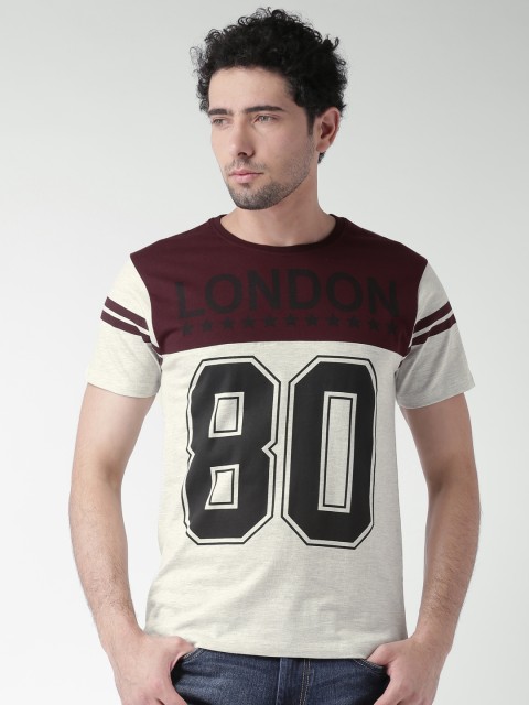 

Moda Rapido Off-white & Maroon Printed T-shirt, Grey melange