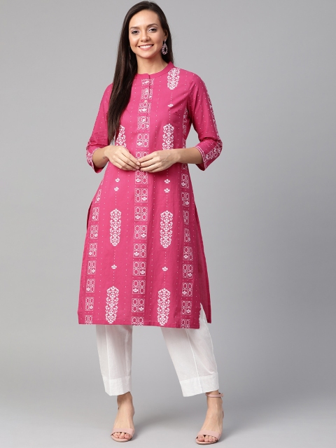 

HERE&NOW Women Pink & White Printed Straight Kurta