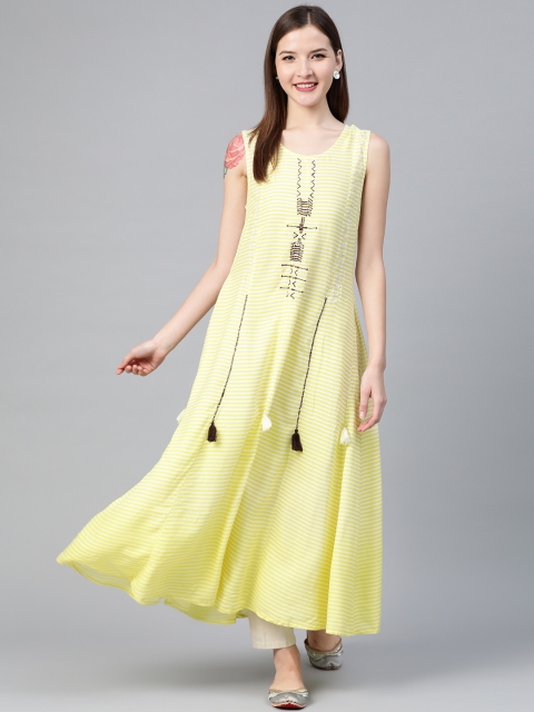 

HERE&NOW Women Yellow & White Striped A-Line Kurta