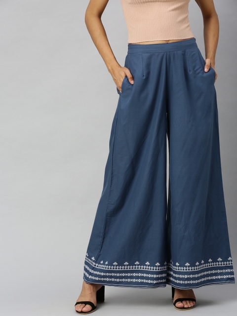

HERE&NOW Women Teal Blue Solid Wide Leg Palazzos With Printed Detailing