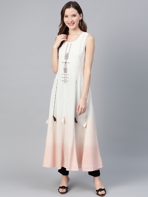 

HERE&NOW Women Off-White & Peach-Coloured Striped A-Line Kurta