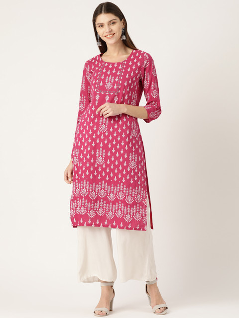 

HERE&NOW Women Pink & White Printed Straight Kurta