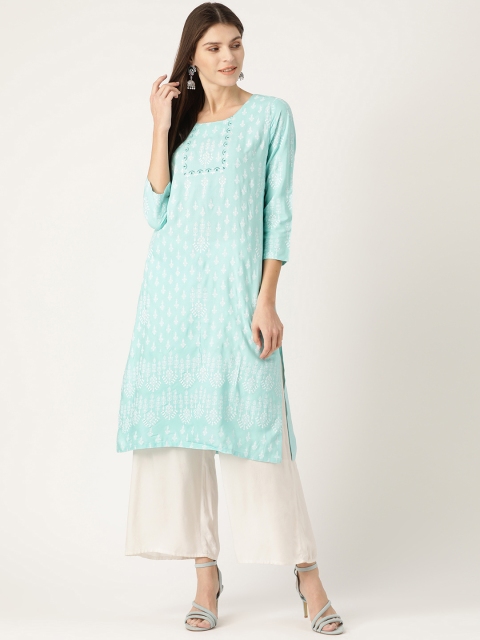 

HERE&NOW Women Blue & White Printed Straight Kurta