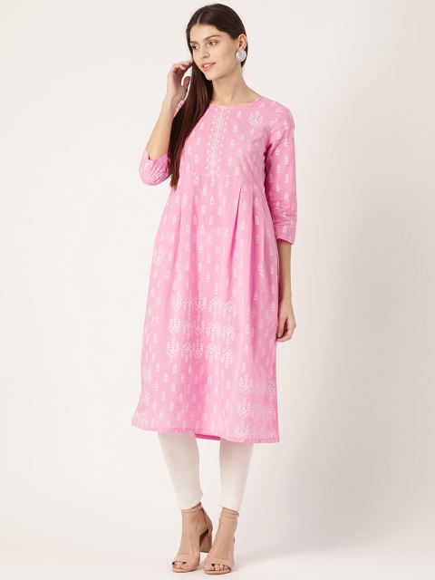 

HERE&NOW Women Pink & White Printed A-Line Kurta