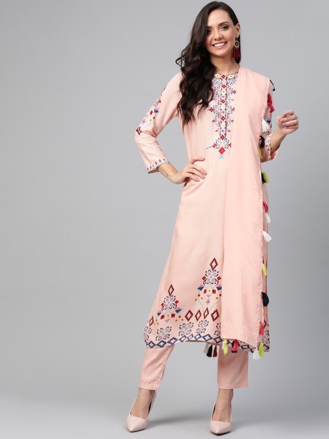

HERE&NOW Women Peach-Coloured & Blue Printed Kurta with Trousers & Stole