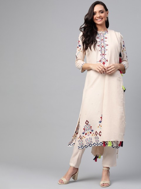 

HERE&NOW Women Beige & Blue Printed Kurta with Trousers & Stole