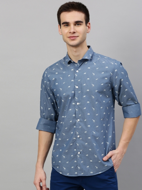 

Mast & Harbour Men Blue & White Regular Fit Printed Chambray Casual Shirt