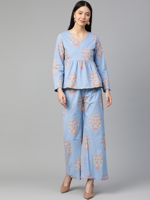 

HERE&NOW Women Blue & Beige Ethnic Floral Motif Two-Piece Set