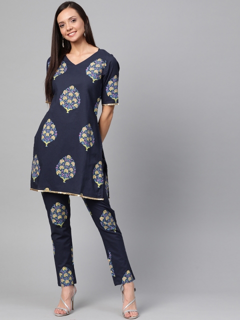 

HERE&NOW Women Navy Blue & Yellow Printed Kurta with Trousers