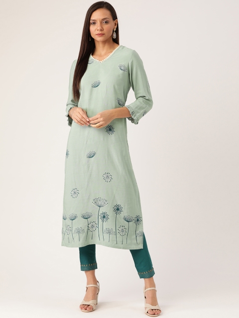 

Moda Rapido Women Green & White Floral Printed Straight Kurta