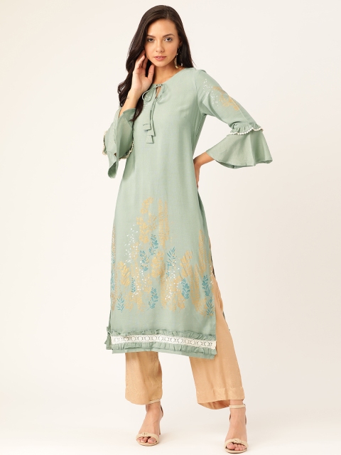 

Moda Rapido Women Green & Golden Printed Straight Kurta