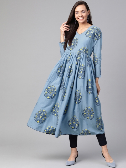 

HERE&NOW Women Blue & Yellow Printed Anarkali Kurta