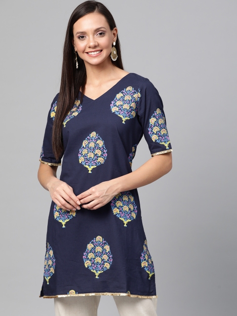 

HERE&NOW Women Navy Blue & Yellow Printed Straight Kurta