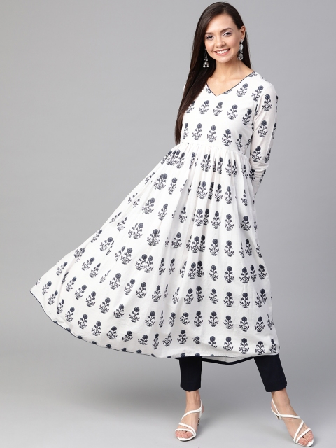 

HERE&NOW Women White & Navy Blue Printed Anarkali Kurta